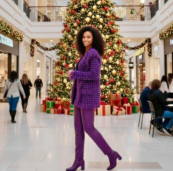 ESCADA 40/10 L KNIT WOOL BLEND TWEED BOUCLE PURPLE BLACK METALLIC FRINGE JACKET - Picture 14 of 14